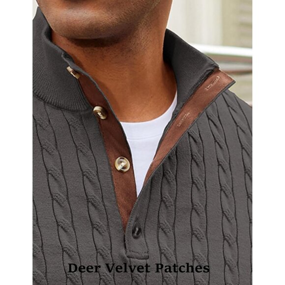 Men's Cable Knitted Pullover Sweaters Long Sleeve Stand Collar Button Up Gray - Picture 4 of 6